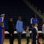 Darius playing a game on the court with the Globetrotters.  He had just told them that he was going to beat them.  He lost!